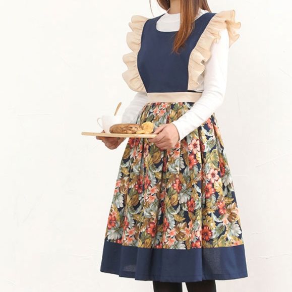 ガーデニング 花柄フリル袖付きボタニカル庭作業用エプロン
