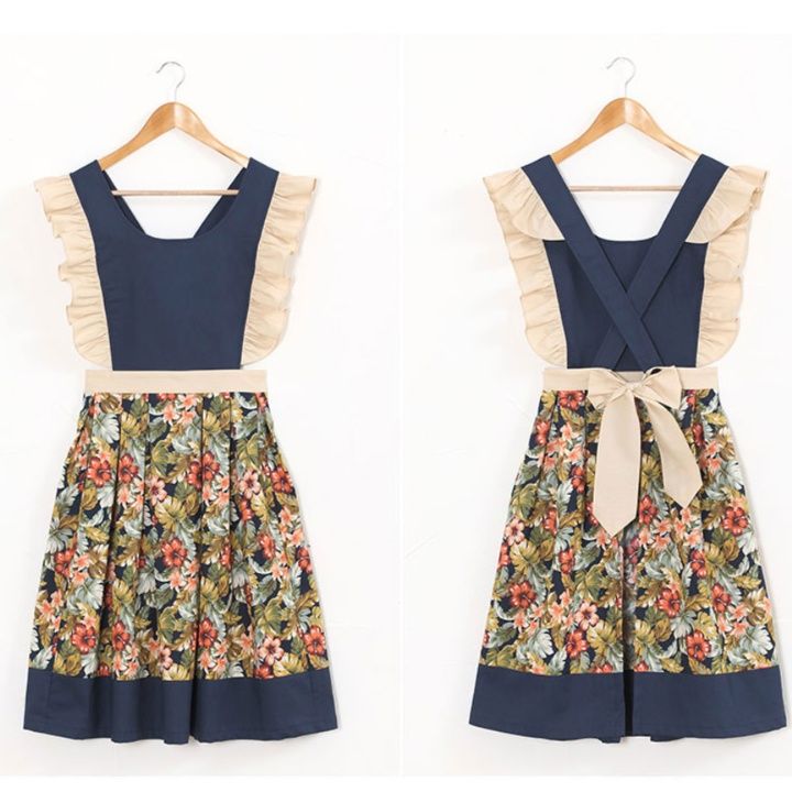 ガーデニング 花柄フリル袖付きボタニカル庭作業用エプロン