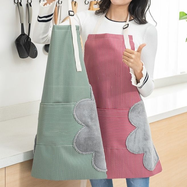 ガーデニング 縦縞模様付き手拭きタオル一体型作業用エプロン