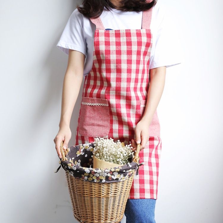 ガーデニング 格子柄レース飾り付きガーデニング作業エプロン