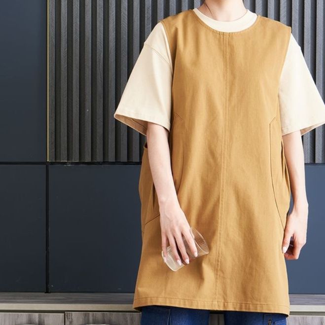 ガーデニング 大きな丸ポケット付きノースリーブ作業エプロン