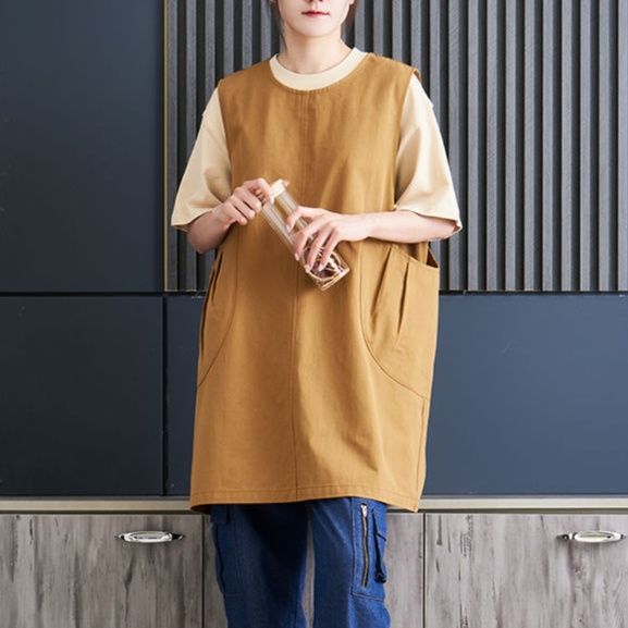 ガーデニング 大きな丸ポケット付きノースリーブ作業エプロン