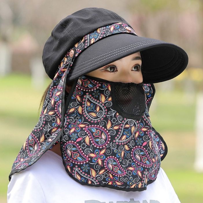 ガーデニング 多機能首元日除け付き庭仕事用つば広帽子