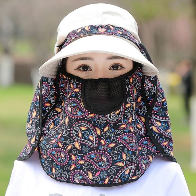 ガーデニング 多機能首元日除け付き庭仕事用つば広帽子