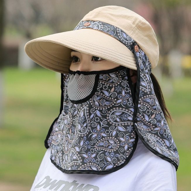 ガーデニング 多機能首元日除け付き庭仕事用つば広帽子