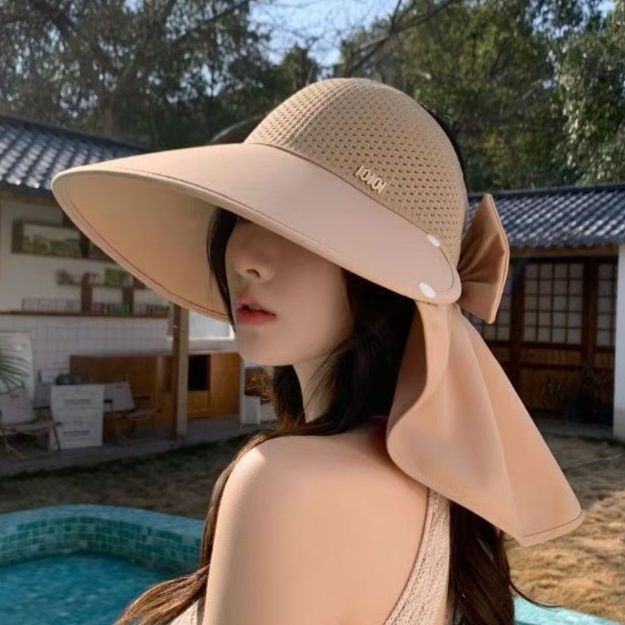 ガーデニング 後ろリボン付き通気性抜群つば広日除け帽子