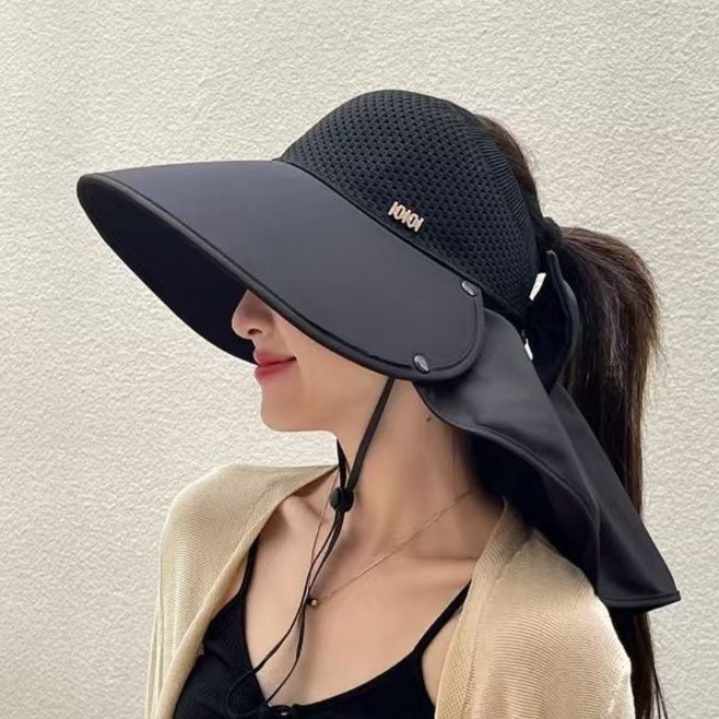 ガーデニング 後ろリボン付き通気性抜群つば広日除け帽子