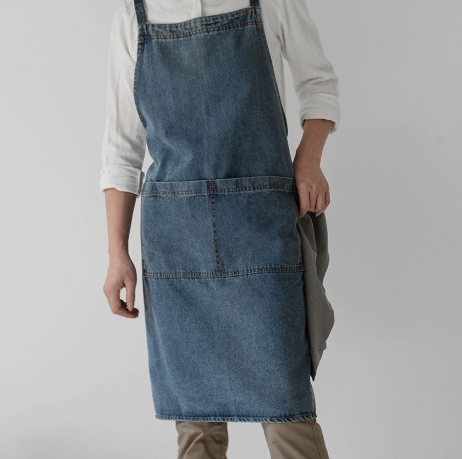 ガーデニング 背中で結ぶデニム素材の肩掛け作業用エプロン