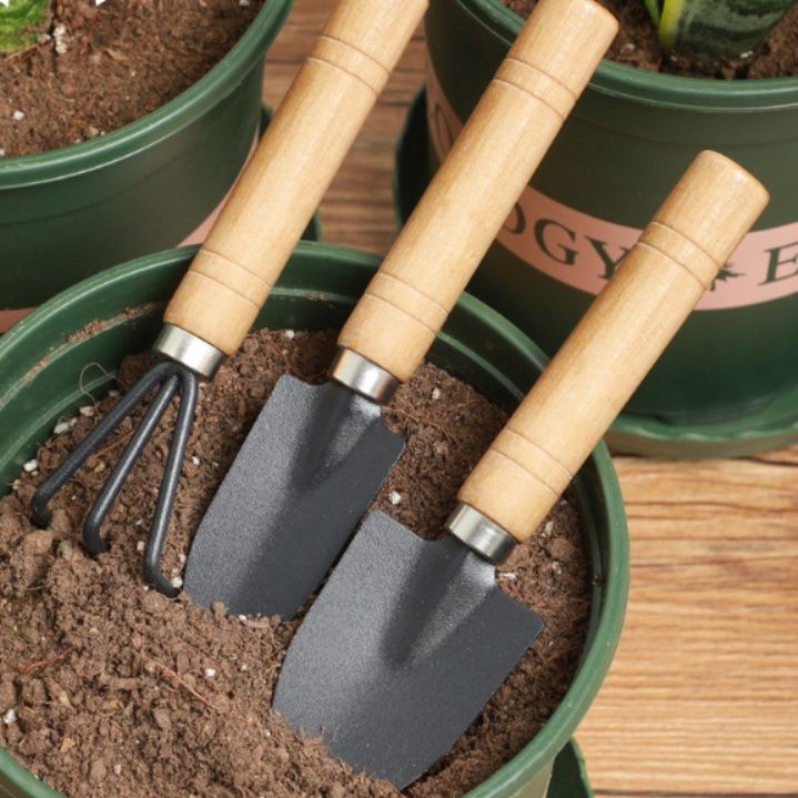 ガーデニング 木製持ち手付き小型園芸用スコップ三点セット