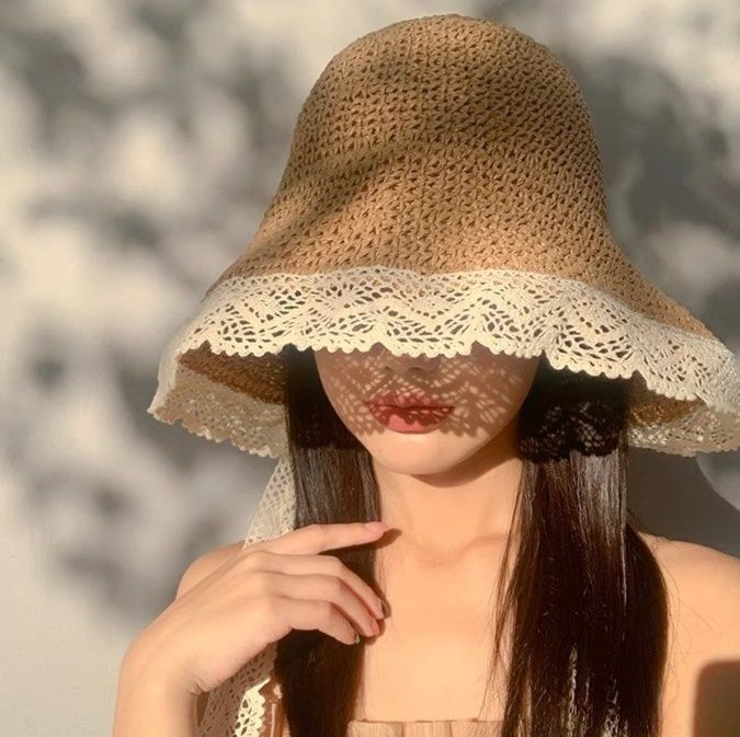 ガーデニング レース飾り付き広つば編み込み麦わら帽子 帽子