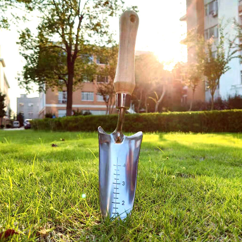 ガーデニング 目盛り付き木製柄ステンレス移植用小型スコップ