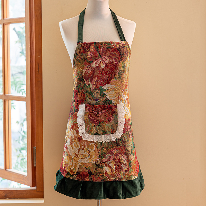 ガーデニング 華やか花柄フリル付き首掛けエプロン