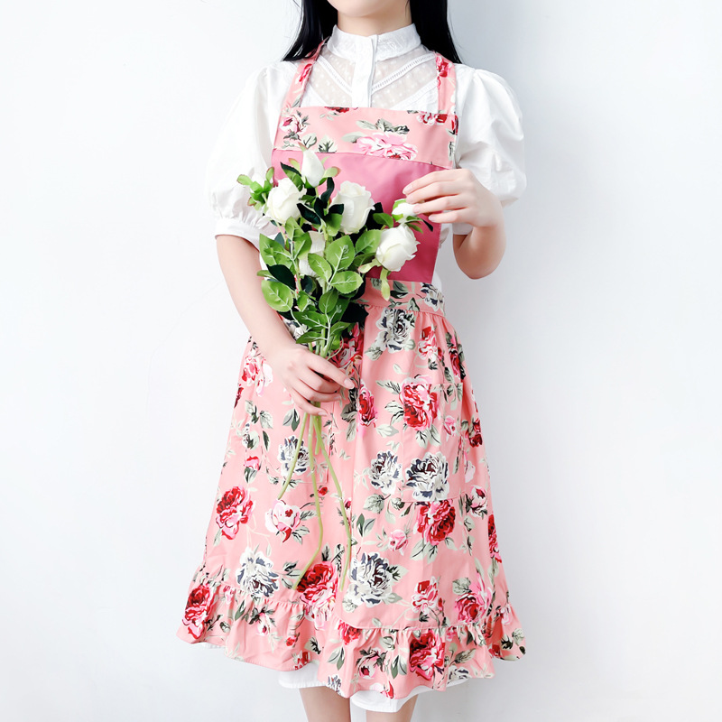 ガーデニング 華やか花柄フリル付き園芸作業用エプロン