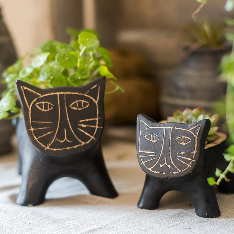 ガーデニング 愛らしい猫の顔つき手描き風四足植木鉢