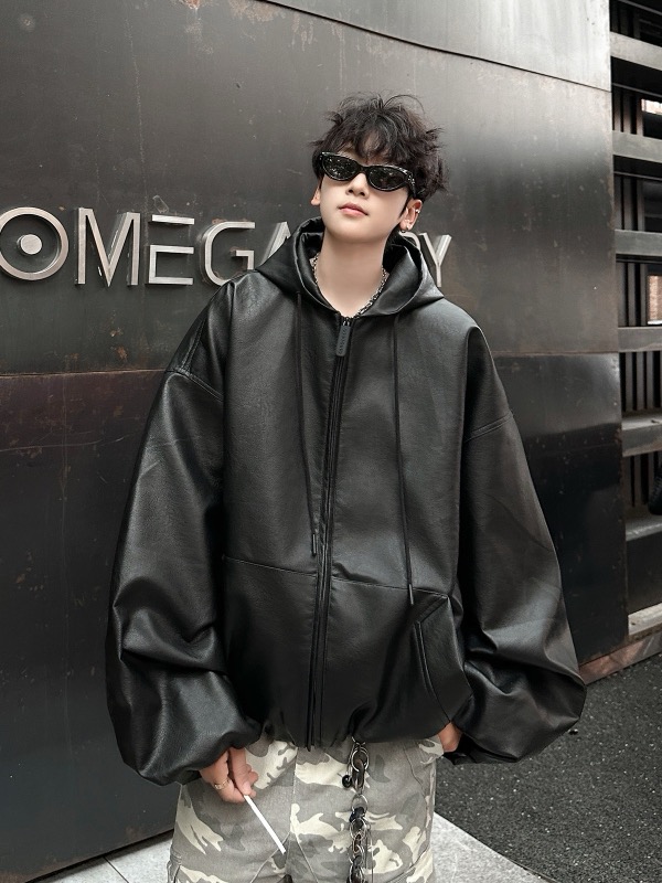 レザージャケット フード付き合成皮革ジャケット オーバーサイズ