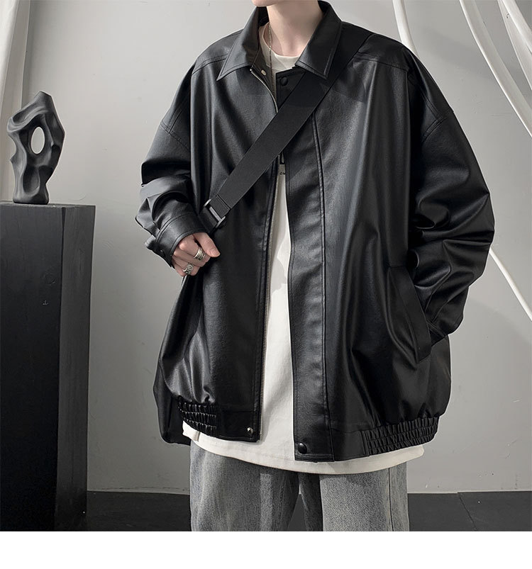 レザージャケット ゆったりシルエット襟付きジップアップライダースジャケット