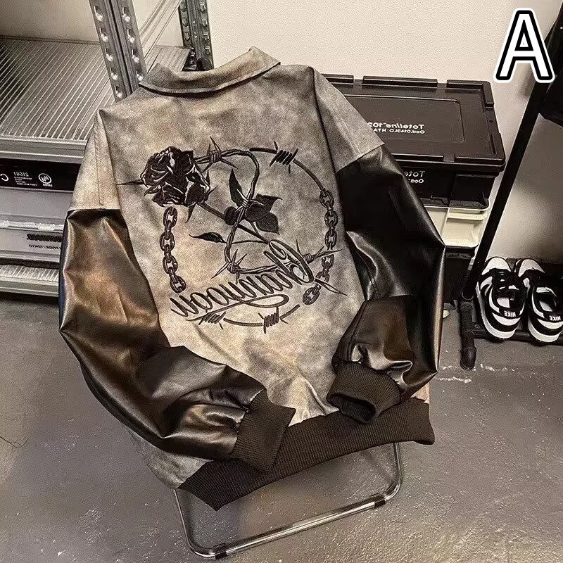 薔薇刺繍切替フェイクレザージャケット