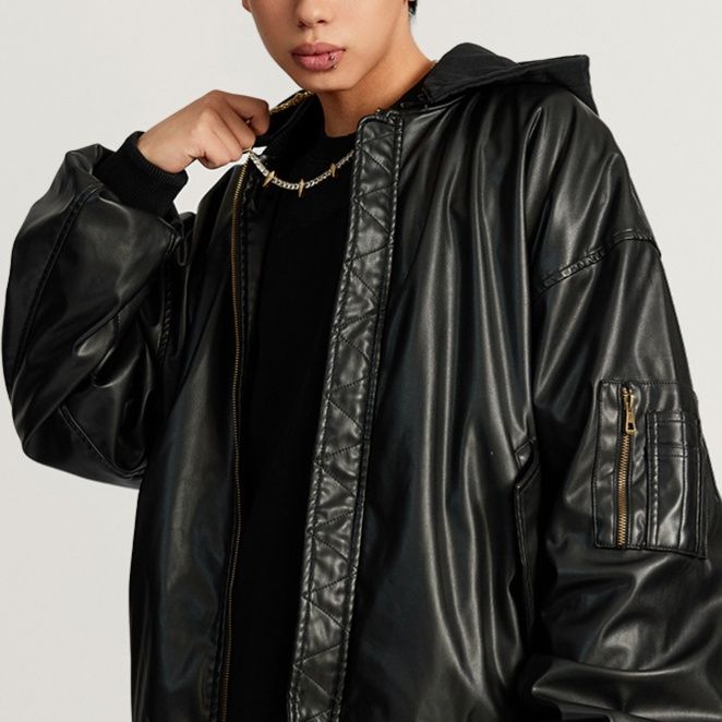 男女兼用レザージャケット フード付き革ブルゾン 秋冬
