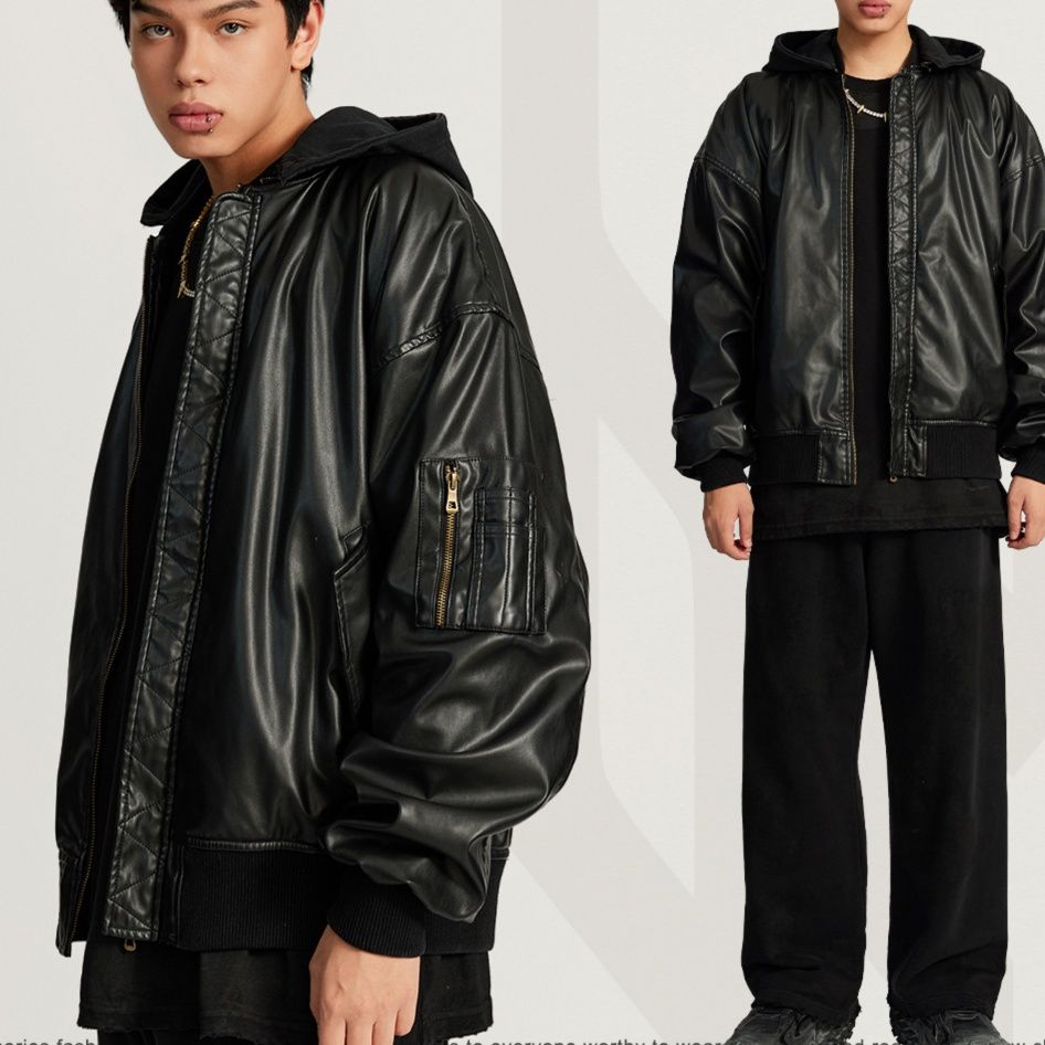 男女兼用レザージャケット フード付き革ブルゾン 秋冬