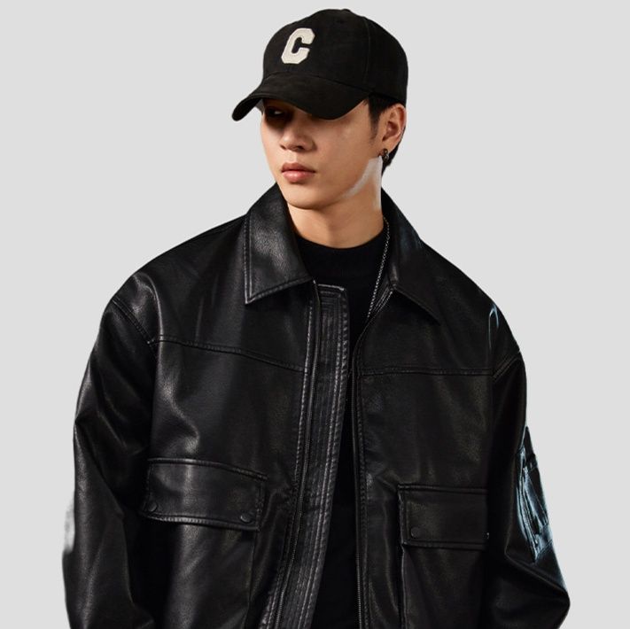 レザージャケット 襟付き本革ボンバージャケット袖ポケット付き