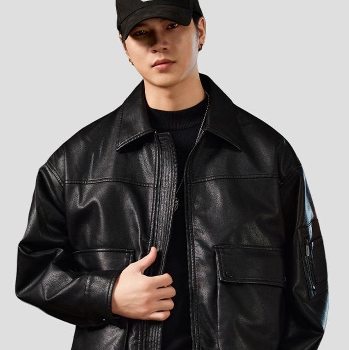 レザージャケット 襟付き本革ボンバージャケット袖ポケット付き