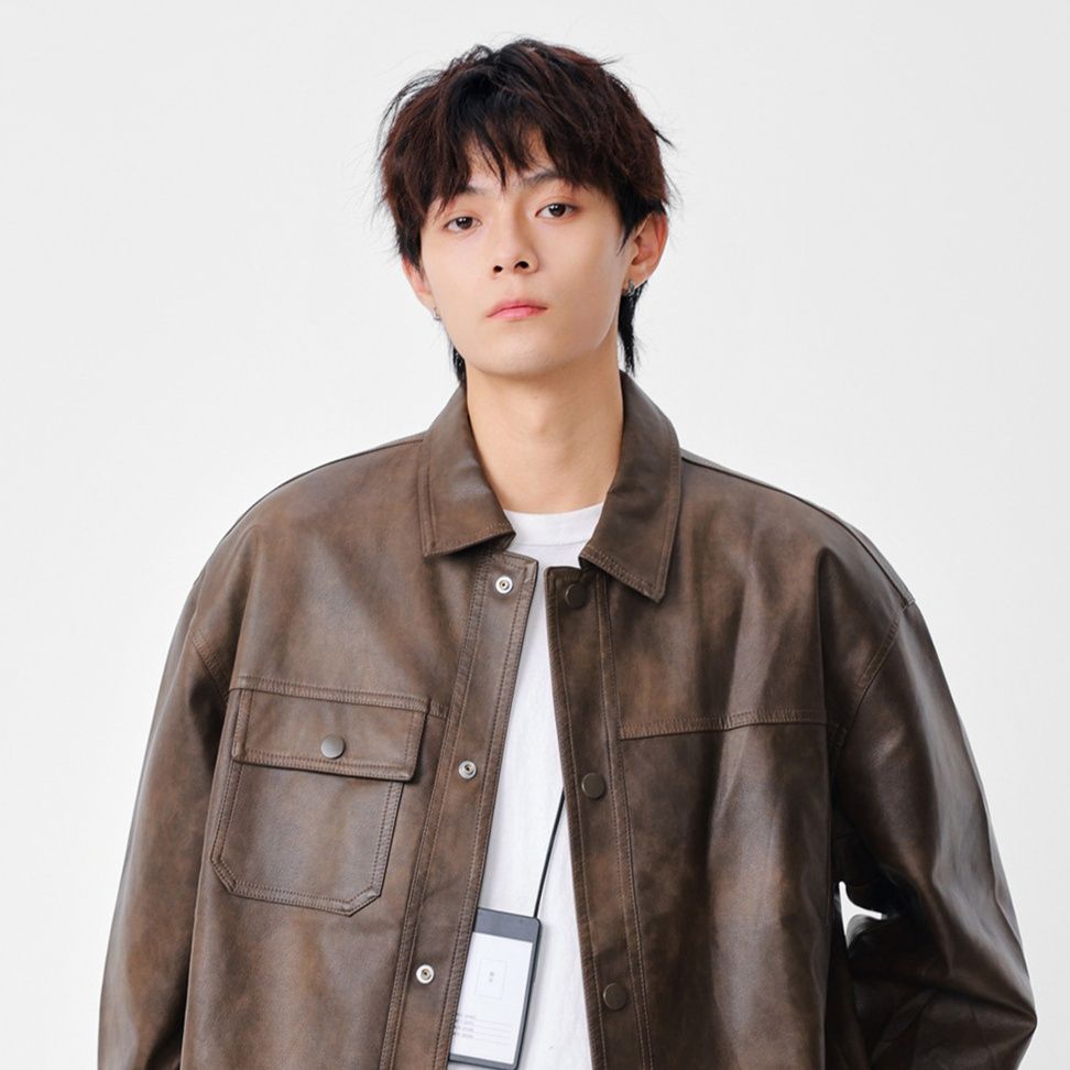 レザージャケット ゆったりシルエット襟付き本革ライダースジャケット