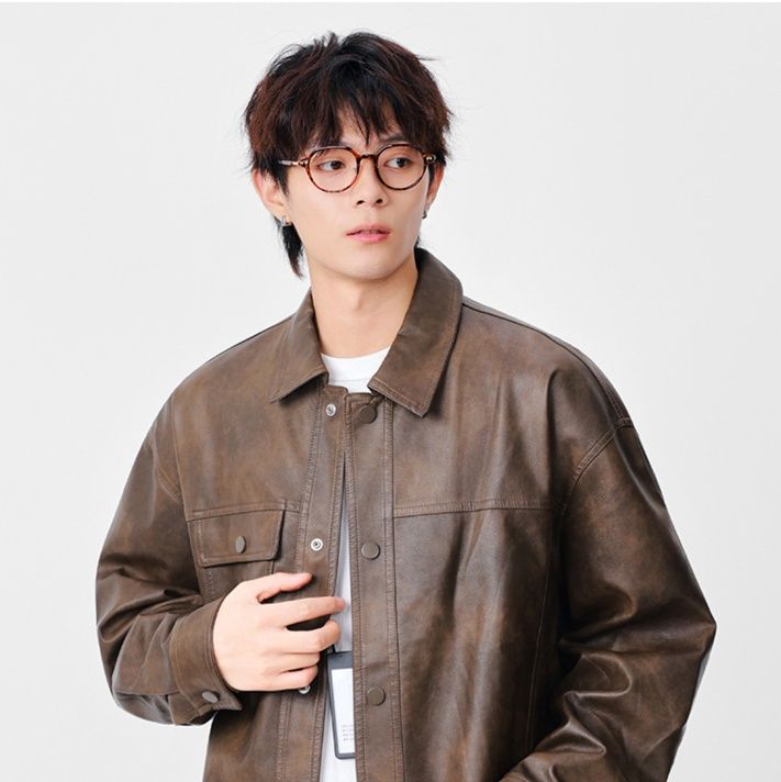 レザージャケット ゆったりシルエット襟付き本革ライダースジャケット