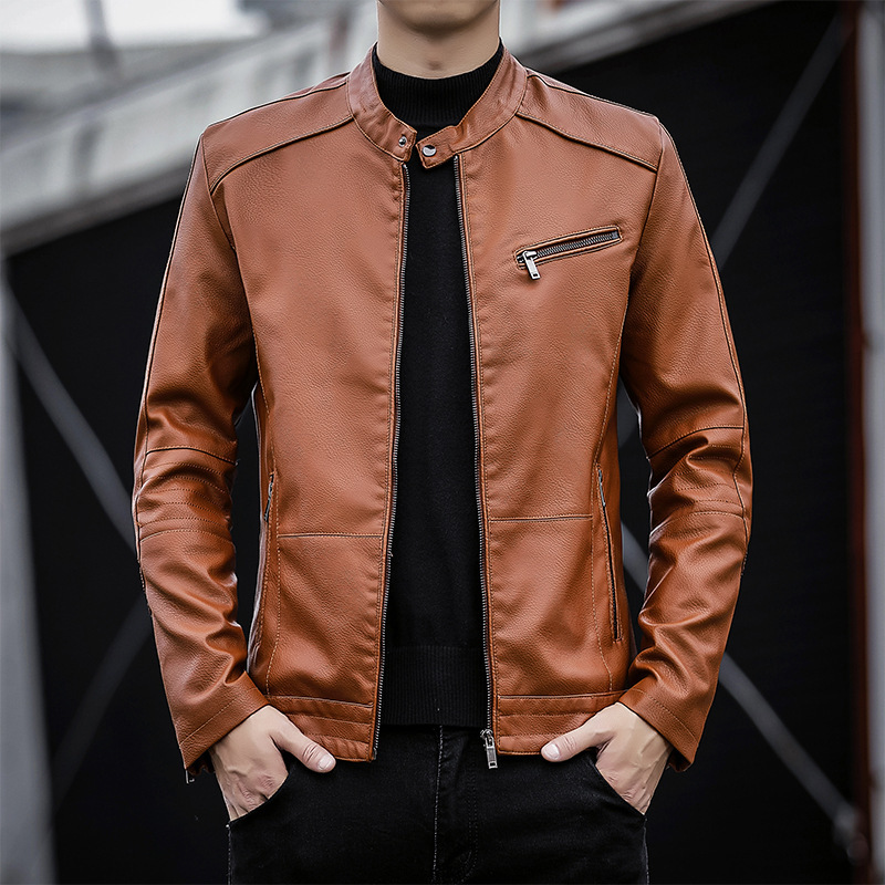 レザージャケット シンプルスタンドカラーライダースジャケット