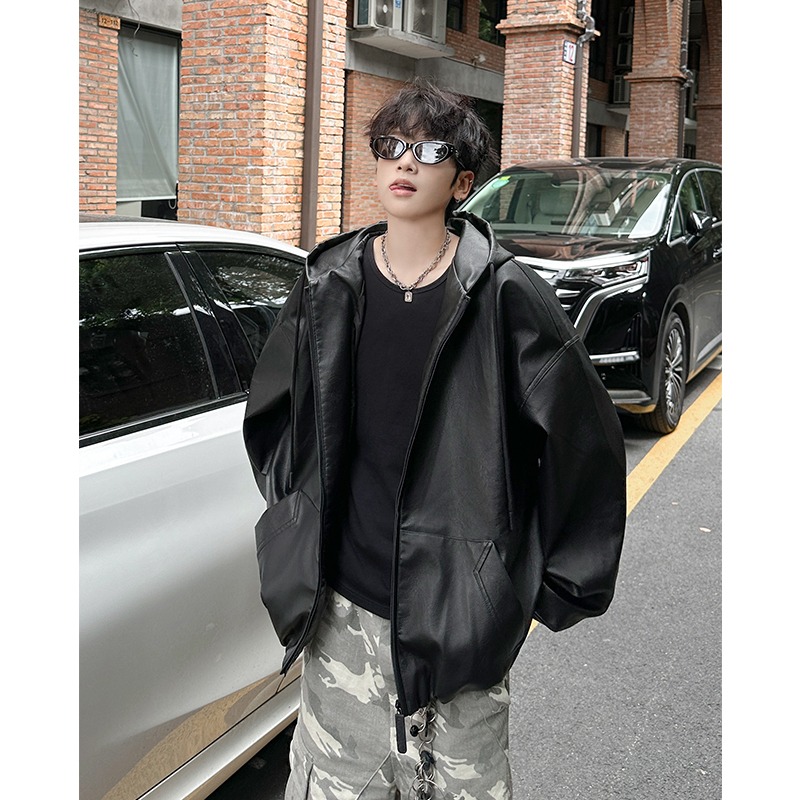 レザージャケット フード付き合成皮革ジャケット オーバーサイズ