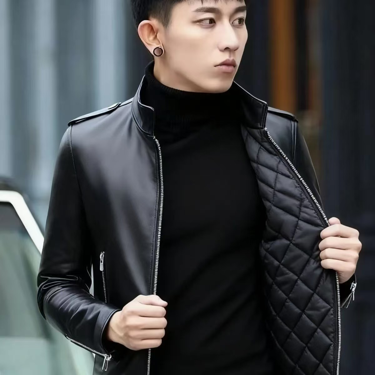 レザージャケット キルティング中綿入り本革ライダースジャケット