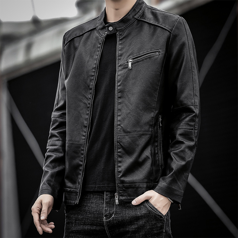 レザージャケット シンプルスタンドカラーライダースジャケット