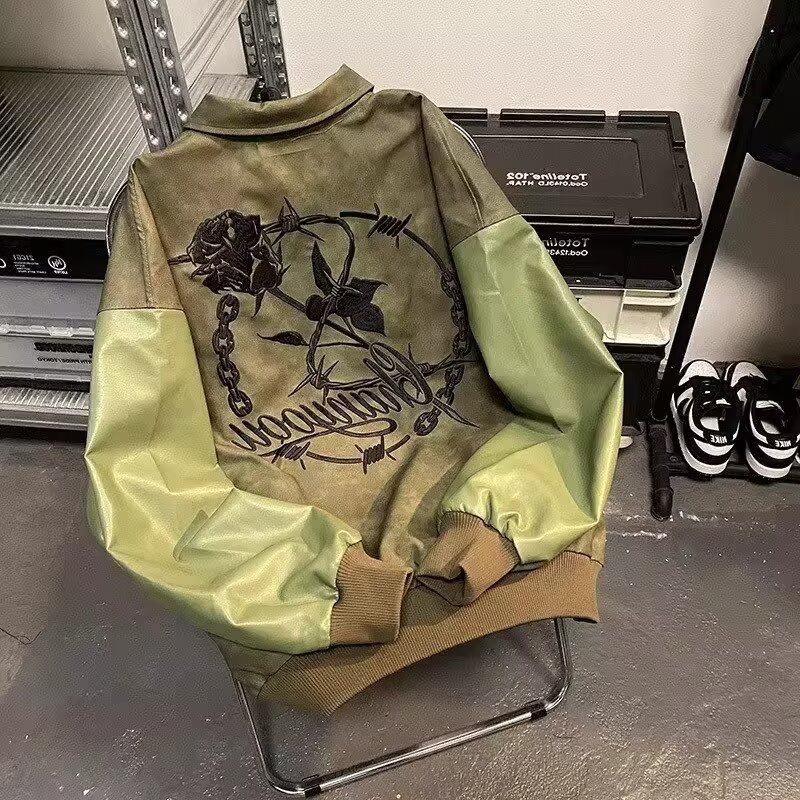 薔薇刺繍切替フェイクレザージャケット