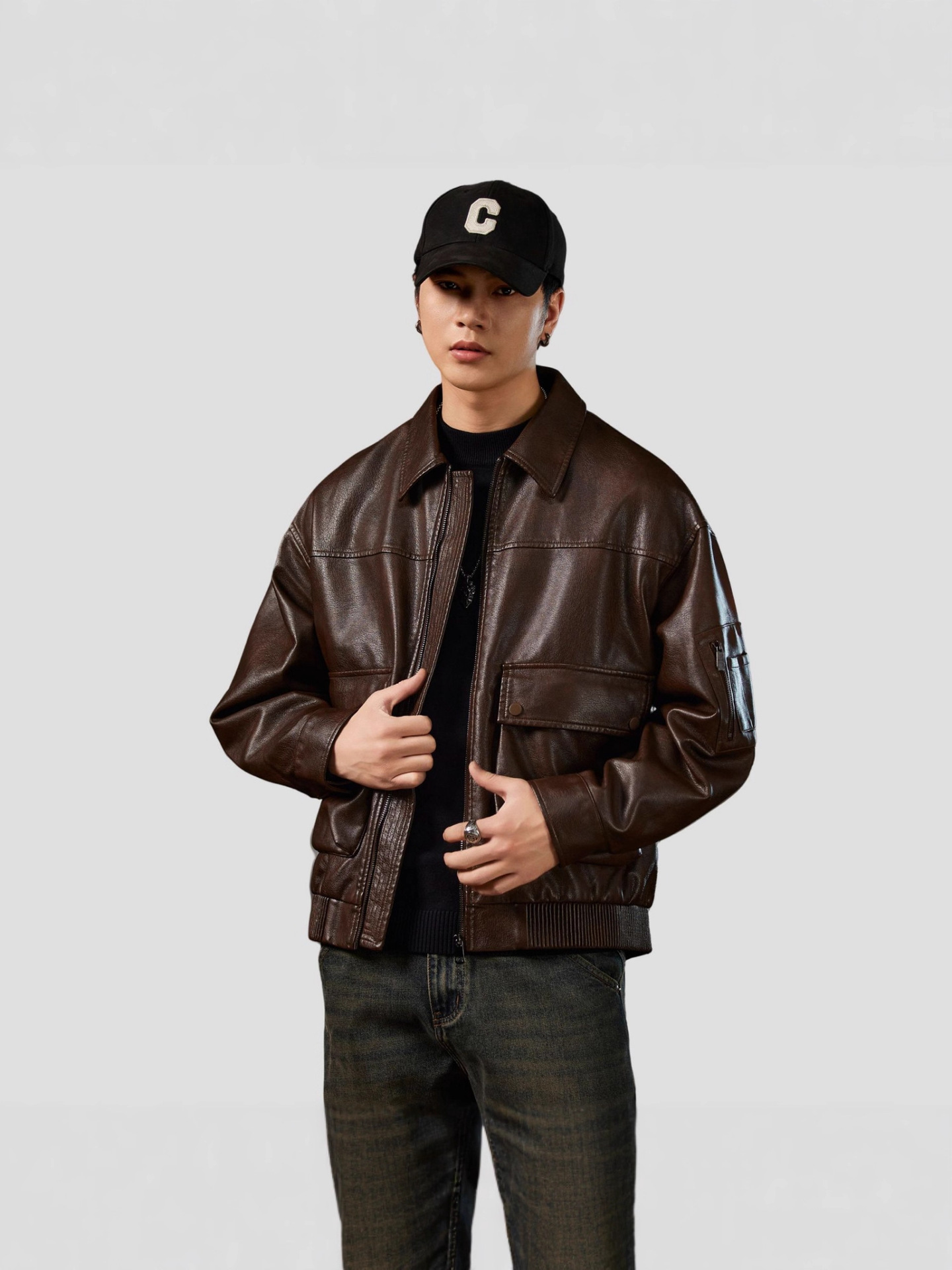 レザージャケット 襟付き本革ボンバージャケット袖ポケット付き