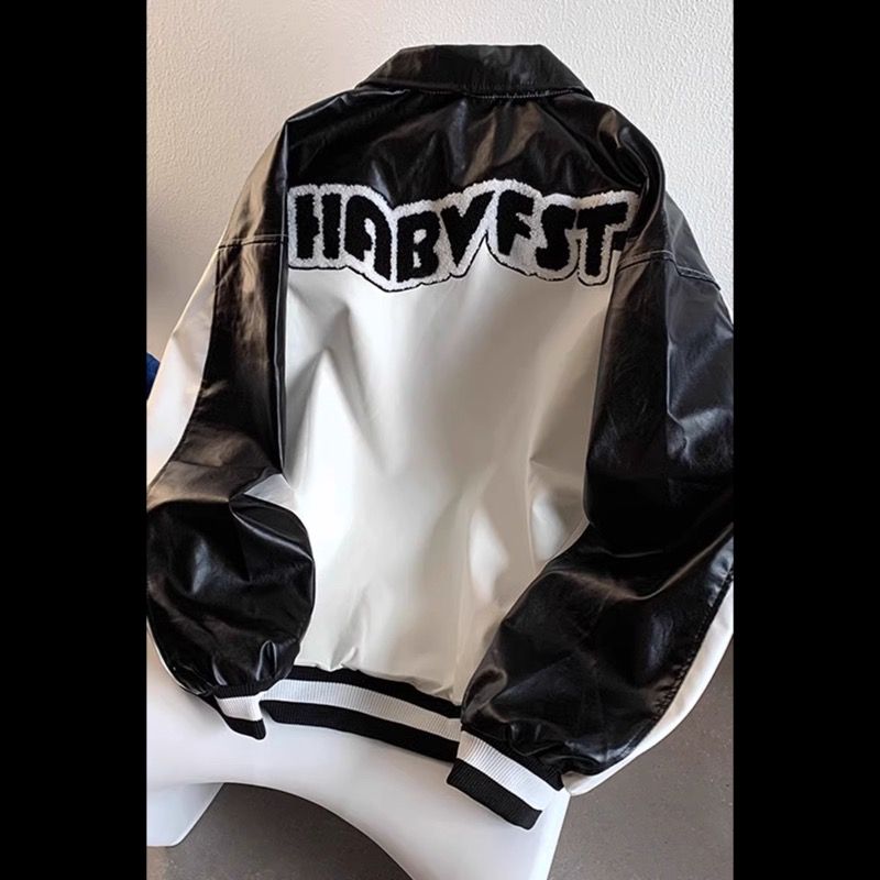 レザージャケット 合成皮革スタジアムジャンパー バイカラー文字刺繍