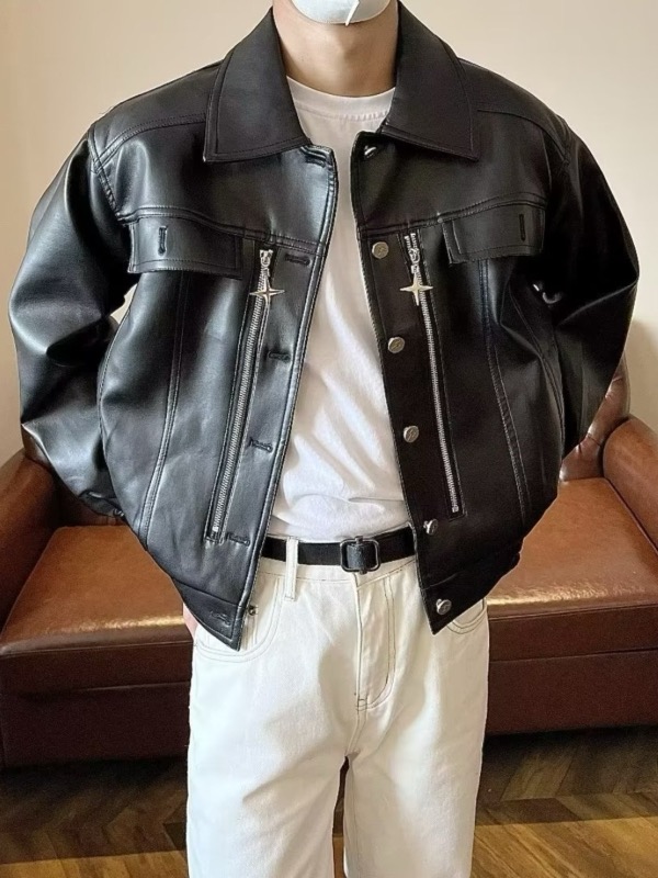 レザージャケット 合成皮革フード付きブルゾンジャケット