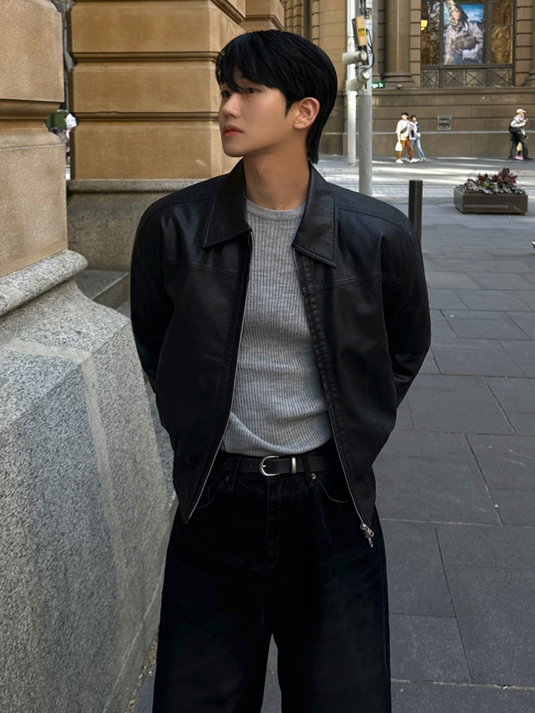レザージャケット シンプル襟付きジップアップライダースジャケット