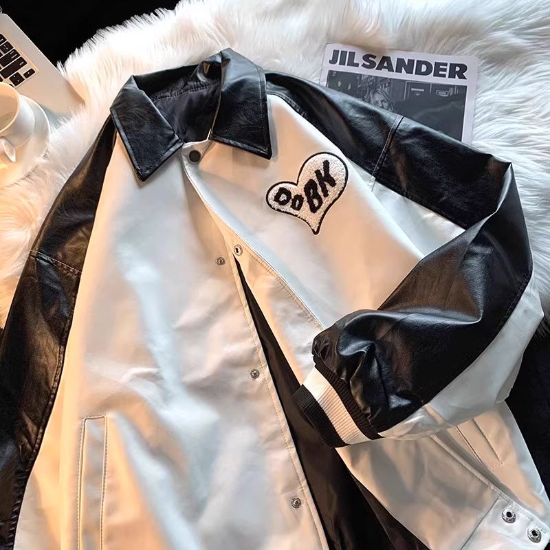 レザージャケット 合成皮革スタジアムジャンパー バイカラー文字刺繍