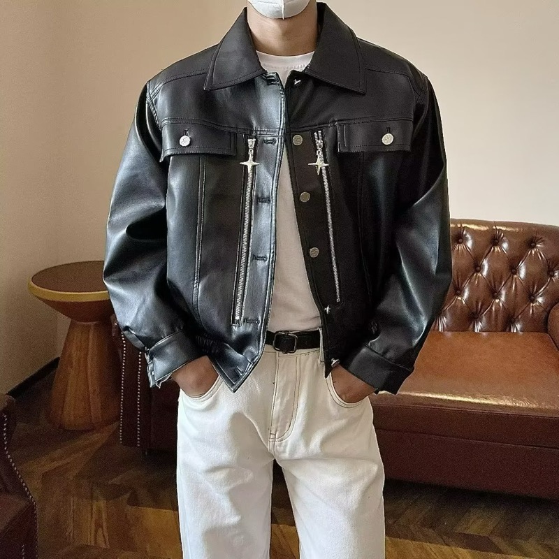 レザージャケット 合成皮革フード付きブルゾンジャケット