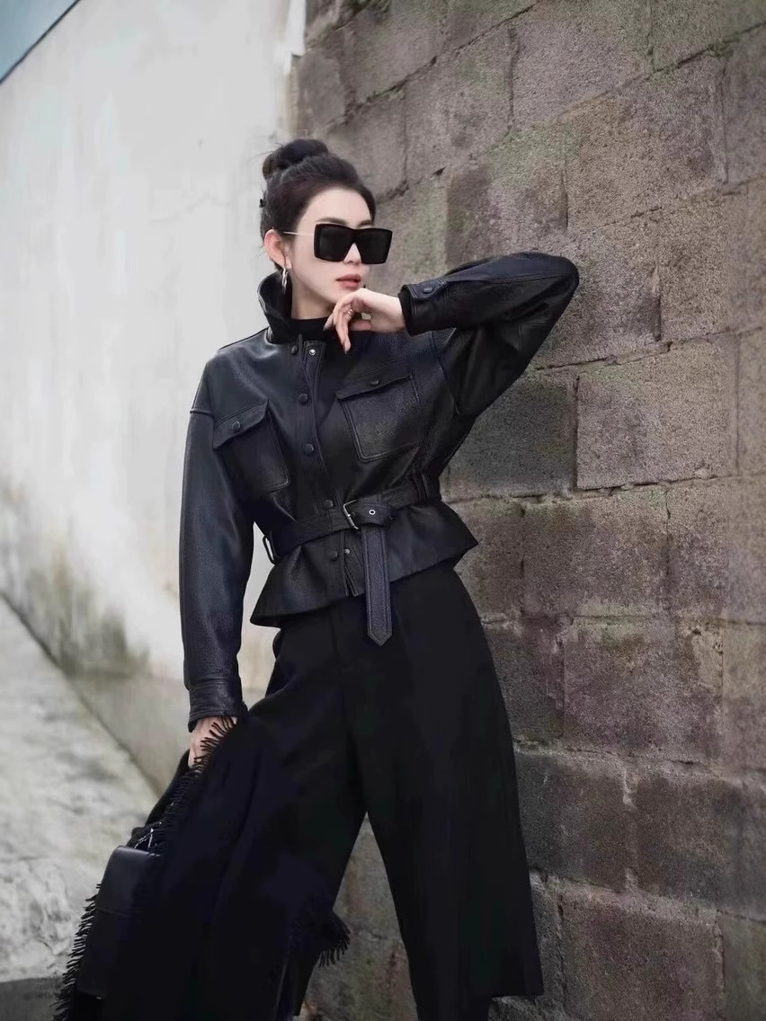 レザージャケット ウエストベルト付きレディース本革ショート丈ジャケット