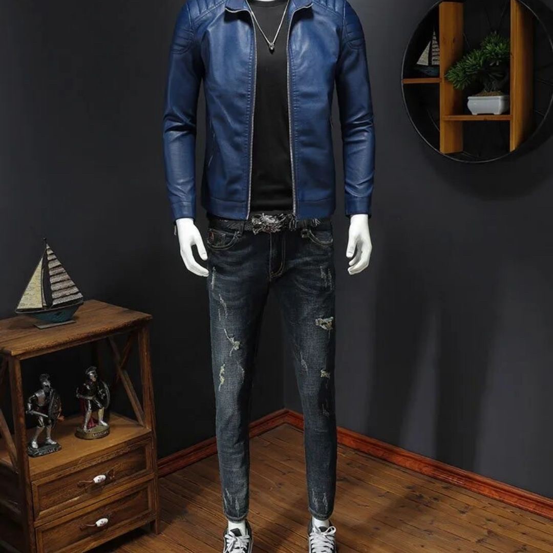 メンズ レザージャケット ライダース風 ジップアップ 黒青二色