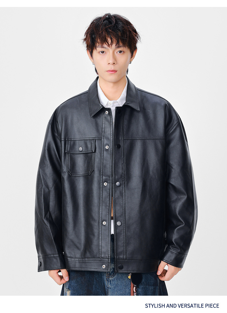 レザージャケット ゆったりシルエット襟付き本革ライダースジャケット