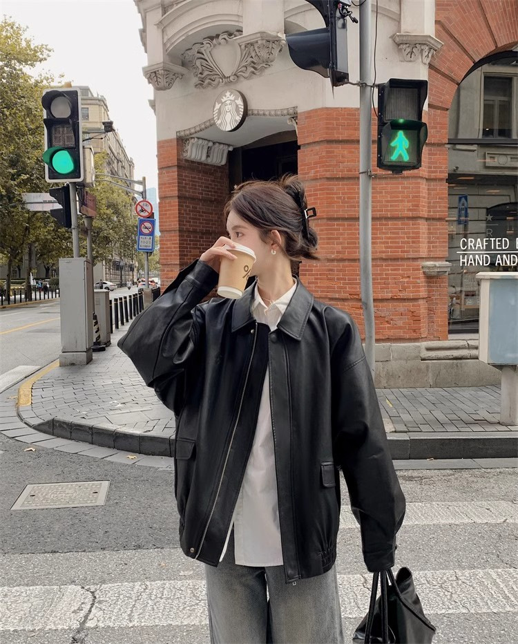 レザージャケット ゆったりシルエット本革ジップアップブルゾン