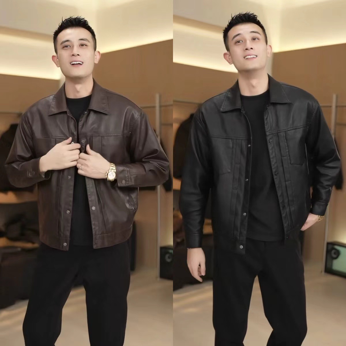 レザージャケット 胸ポケット付きシャツ襟ライダースジャケット