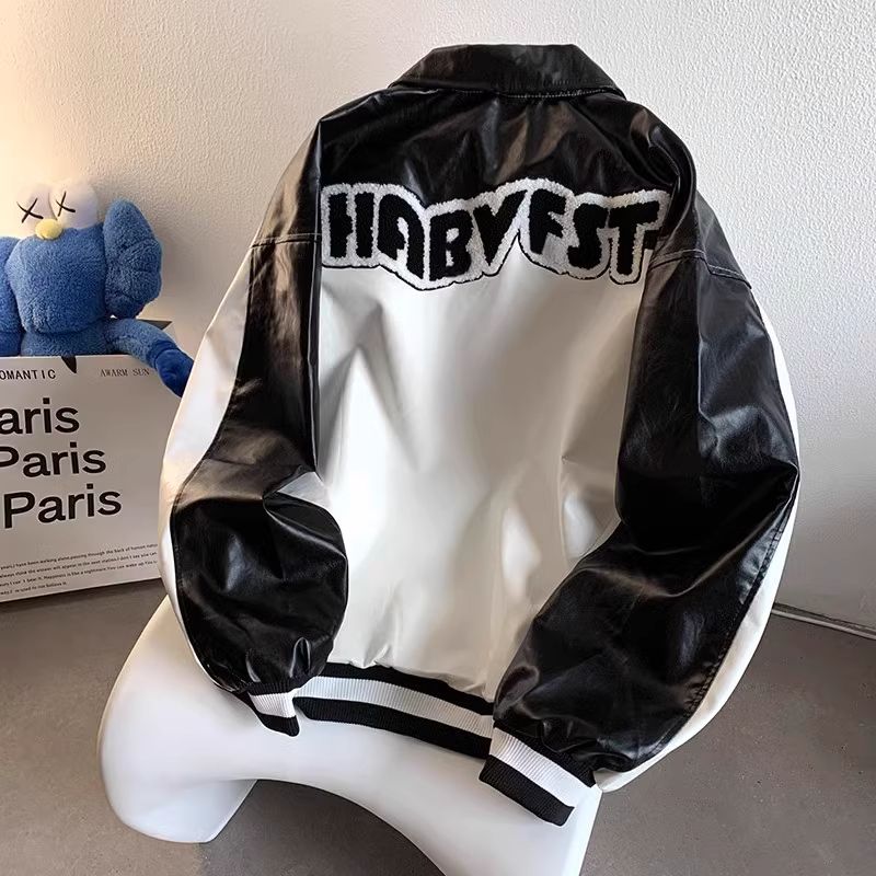 レザージャケット 合成皮革スタジアムジャンパー バイカラー文字刺繍