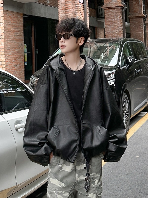 レザージャケット フード付き合成皮革ジャケット オーバーサイズ