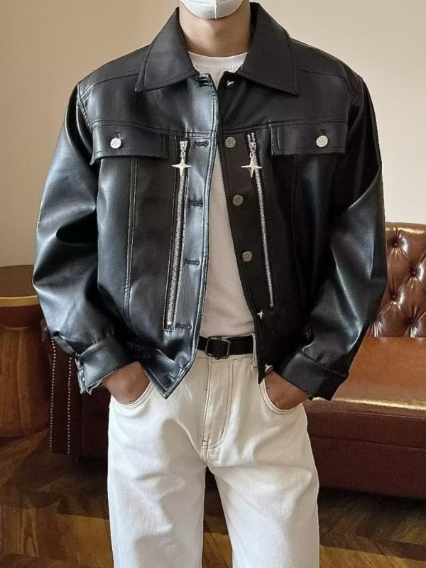 レザージャケット 合成皮革フード付きブルゾンジャケット