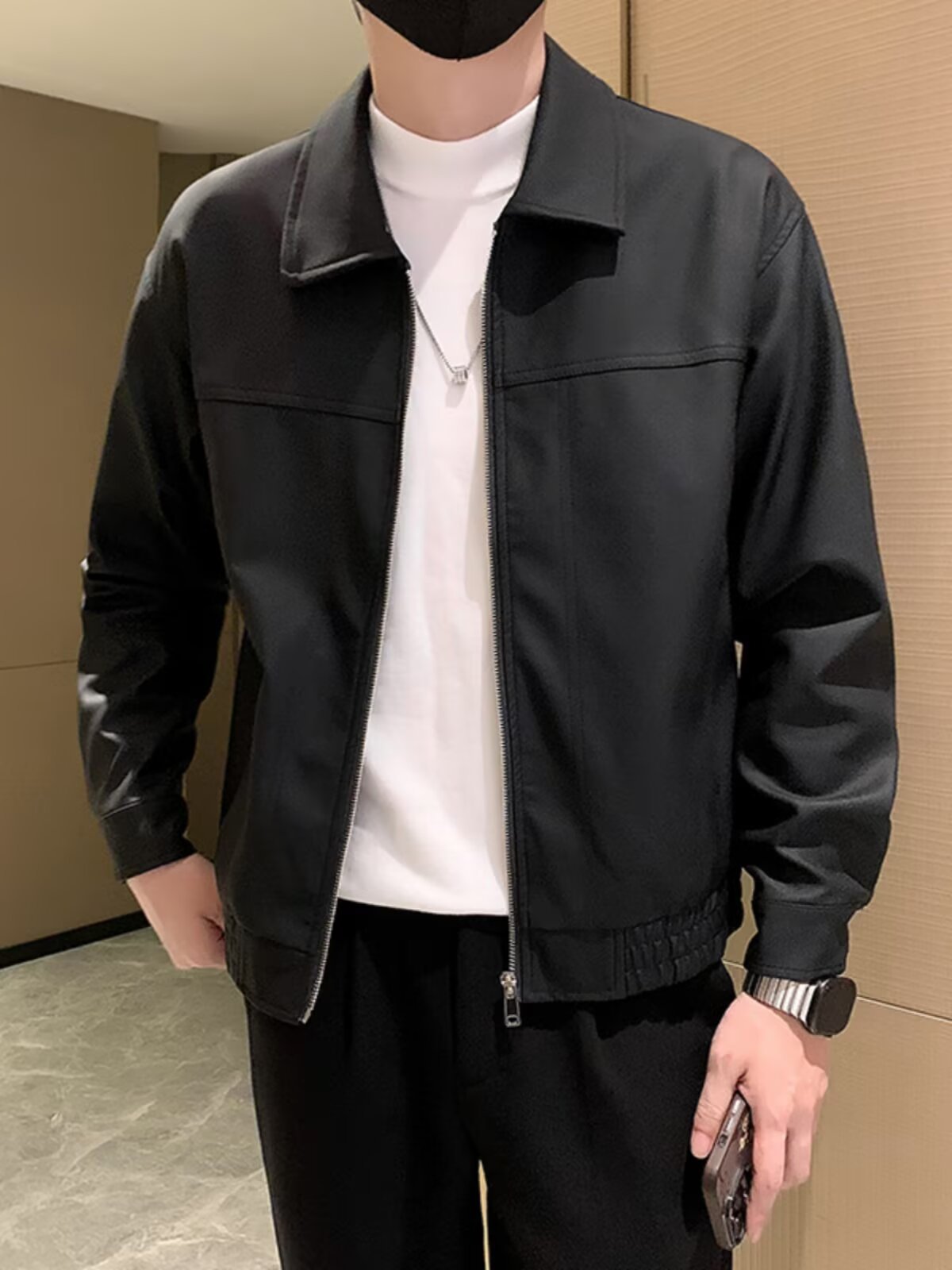 レザージャケット 襟付きシンプルジップアップライダースジャケット