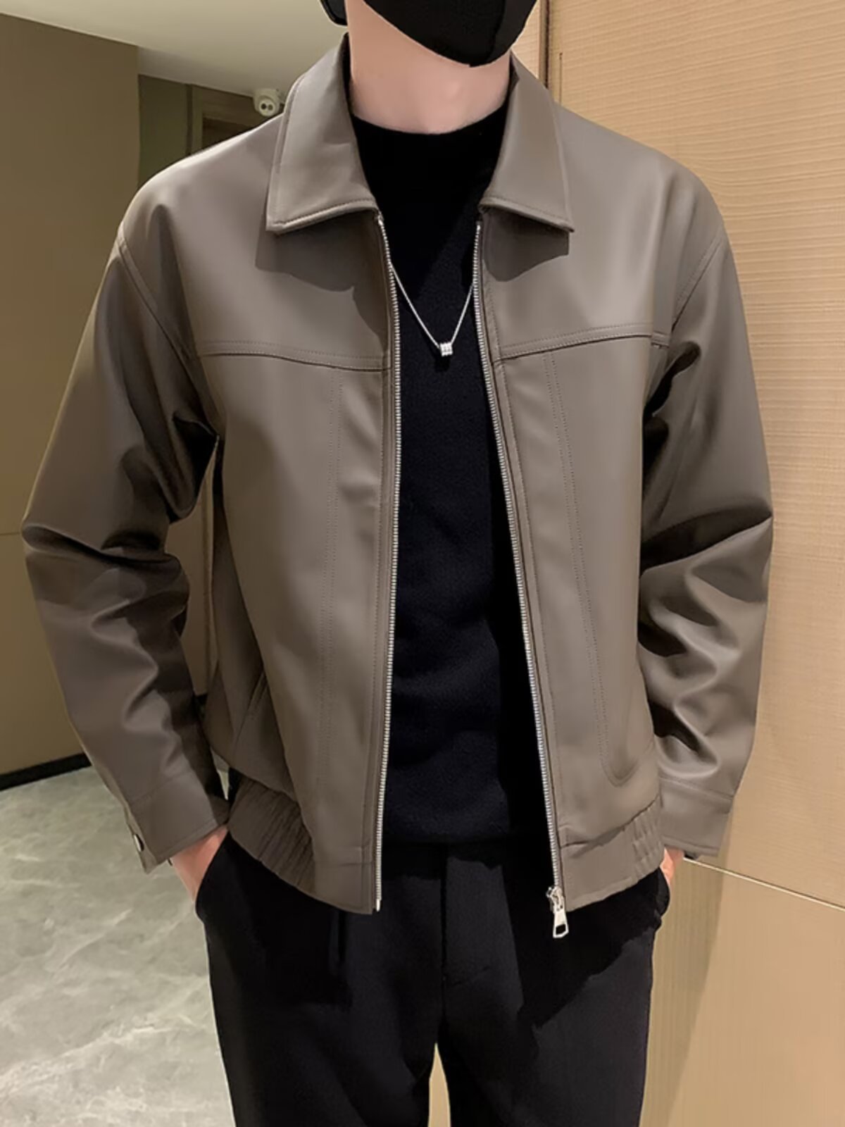 レザージャケット 襟付きシンプルジップアップライダースジャケット