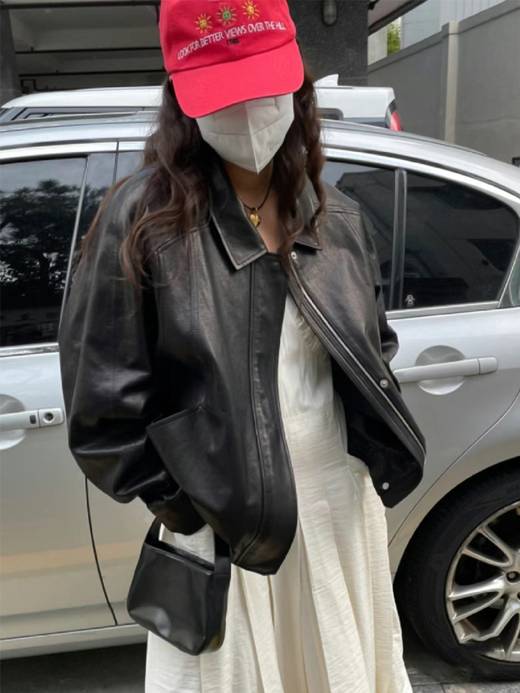 レザージャケット ゆったりオーバーサイズ襟付き合成皮革ジャケット