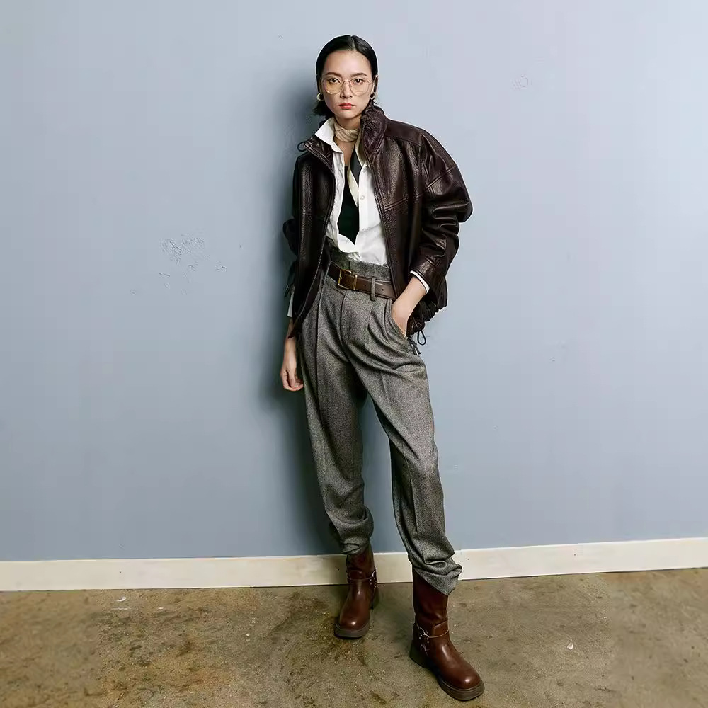 レザージャケット 本革シュリンクレザースタンドカラーブルゾン